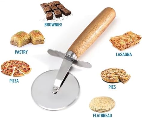 Pizza Kesici – Ahşap Saplı Paslanmaz Çelik, Yuvarlak Bıçaklı Pizza Dilimleyici | Ergonomik, Dayanıklı, Şık Tasarım