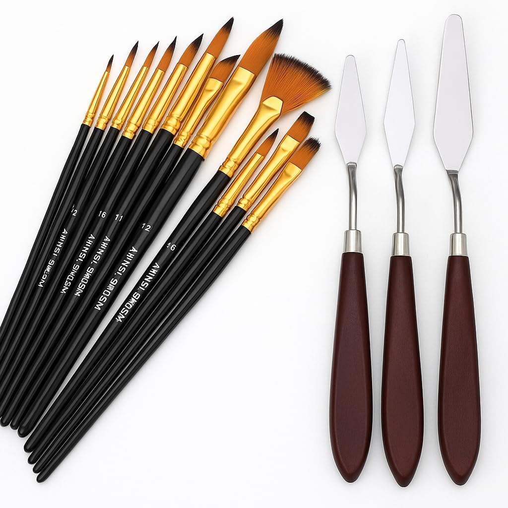Ressam Sanat Malzemeleri Seti 12’li Fırça Seti + 5’li Metal Spatula | Akrilik,, Yağlıboya için Profesyonel Sanat Malzemesi Sanatçı, Öğrenci, Hobi Kullanımı