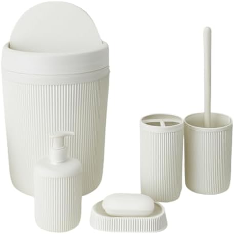 5’li Banyo Seti – Beyaz Renk, Modern Çizgili Tasarım, Dayanıklı Plastik