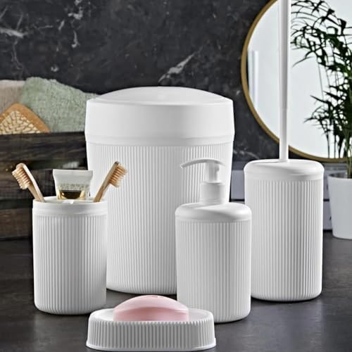 Alternative view of 5’li Banyo Seti – Beyaz Renk, Modern Çizgili Tasarım, Dayanıklı Plastik