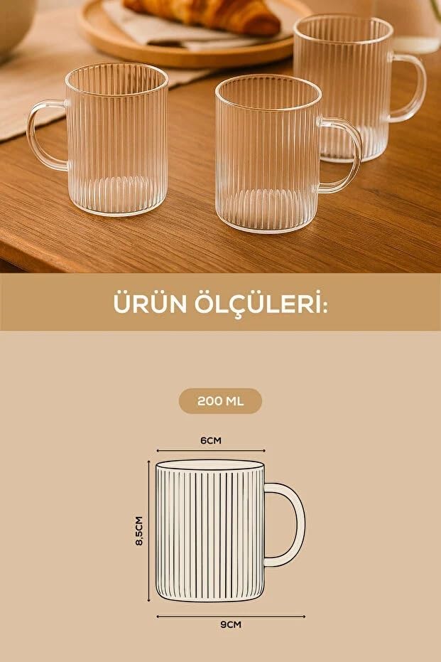 3 Adet Çizgili Kulplu Dayanıklı Borosilikat Cam Kahve Çay Bardak - 200 ml Cam Çay Bardağı