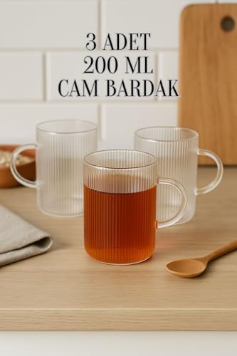 Alternative view of 3 Adet Çizgili Kulplu Dayanıklı Borosilikat Cam Kahve Çay Bardak - 200 ml Cam Çay Bardağı
