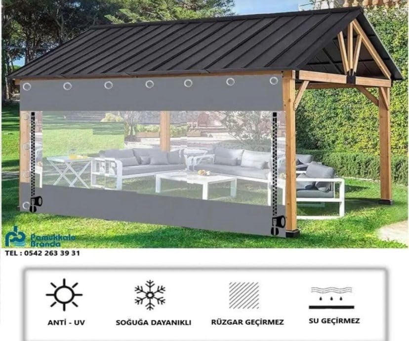 Pamukkale Branda Su Geçirmez PVC Şeffaf Branda, Kış Bahçesi Fermuarlı Kapama, Gri, 500 x 270 cm