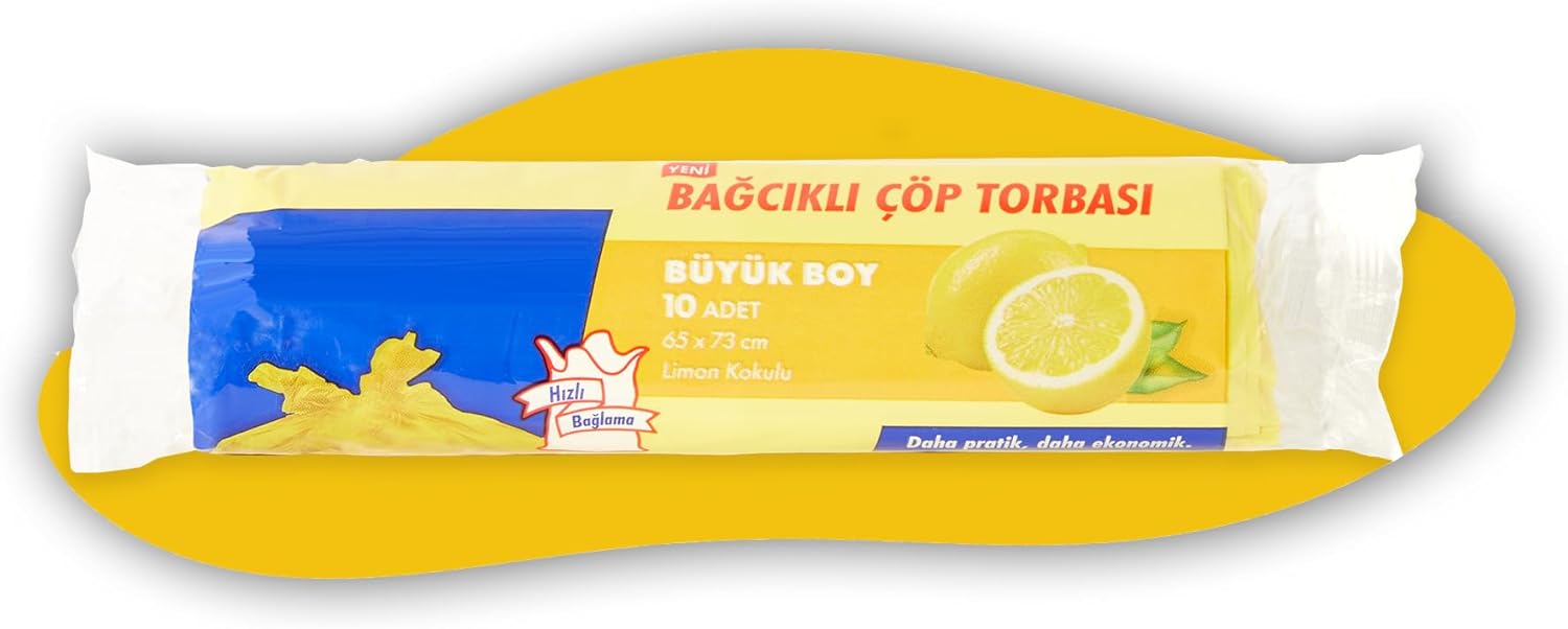 Tuffy’s Büyük Boy Çöp Torbası 65x73 cm – 50 Adet Limon Kokulu Bağcıklı Çöp Poşeti – Dayanıklı ve Sızdırmaz Mutfak Çöp Torbası