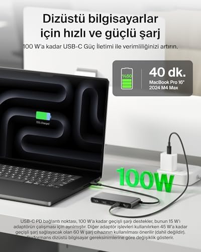 USB-C Hub, 7 Portlu, 60 Hz’de 4K HDMI Ekran Desteği, SD ve MicroSD Yuvaları, 100 W Güç İletimi, 5 Gbps Veri Aktarımı, MacBook, iPad Pro, Chromebook için USB-C Çoklu Port Adaptörü, HDMI 2.0, Gri