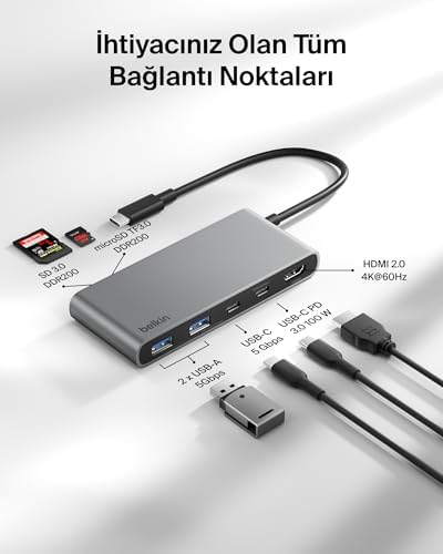 Alternative view of USB-C Hub, 7 Portlu, 60 Hz’de 4K HDMI Ekran Desteği, SD ve MicroSD Yuvaları, 100 W Güç İletimi, 5 Gbps Veri Aktarımı, MacBook, iPad Pro, Chromebook için USB-C Çoklu Port Adaptörü, HDMI 2.0, Gri