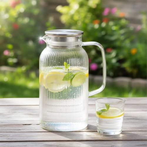 Alternative view of Silikon Fitilli Borosilikat Cam Sürahi (2000 ml) - Metal Kapaklı, Dayanıklı, Süzgeçli Şeffaf Buzlu Çay ve Limonata Karafı