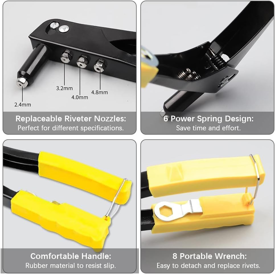 Alternative view of 4 Uçlu Profesyonel Perçin Tabancası Seti – 2.4/3.2/4.0/4.8 mm Başlık + 40 Adet Alüminyum Perçin + Anahtar | Metal, Plastik ve Deri Delme & Sabitleme Aracı