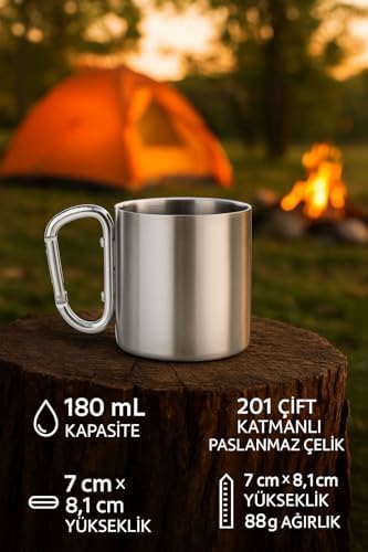 2 li Karamina 180 ml. Çift Kat Çelik Kamp Bardağı Fincanı cin230