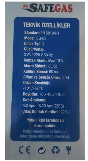 Safegaz Doğalgaz ve LPG Gaz Alarm Cihazı, CE Belgeli ve Gazmer Onaylı, Selenoid Vana Uyumlu
