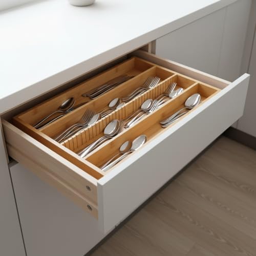 Bambu Çekmece İçi Düzenleyici (37.5x25x4 cm) | 4 Bölmeli, Hareketli Ayırıcılar | Kaşıklık, Dikiş, Ofis ve Mutfak Organizeri