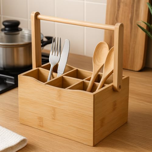 Bambu Taşıma Kulplu Çok Amaçlı Düzenleyici - 6 Bölmeli Çatal Bıçaklık | Ofis, Banyo ve Masaüstü Caddy Organizer (21.6x14x12.7 cm)