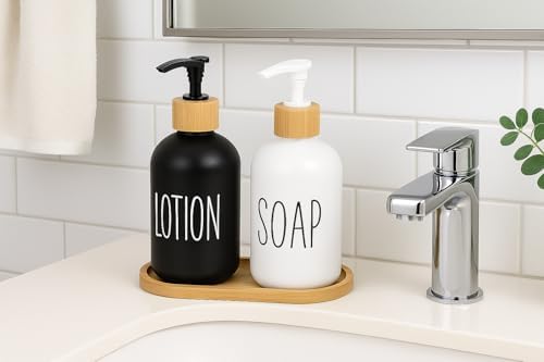 2’li Cam Sıvı Sabunluk ve Losyonluk Seti | 500 ml Siyah & Beyaz Boyalı Cam | Bambu Kapak ve Ahşap Altlıklı Banyo Seti | Şık ve Dayanıklı Tasarım