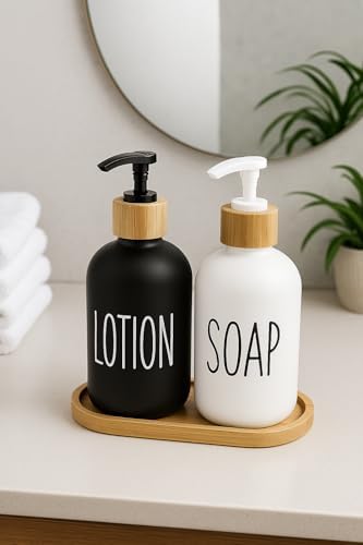 Alternative view of 2’li Cam Sıvı Sabunluk ve Losyonluk Seti | 500 ml Siyah & Beyaz Boyalı Cam | Bambu Kapak ve Ahşap Altlıklı Banyo Seti | Şık ve Dayanıklı Tasarım