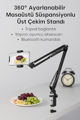 Alternative view of 360° Üst Çekim Masaüstü Telefon Tripodu | Ayarlanabilir Süspansiyon Kol, Metal Kaymaz Taban, Evrensel Telefon Tutucu, Siyah