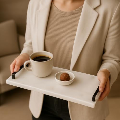 veya Siyah Metal Saplı Mermer Sunum Tepsisi – 40x15 cm Dikdörtgen Servis Tepsisi, Şık Sofra, Kahve, Peynir ve Tatlı Sunumları İçin (siyah)