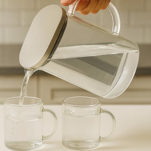 1800 ml Cam Sürahi ve 2’li Bardak Seti – Paslanmaz Çelik Kapaklı Dayanıklı Şeffaf Su, Çay, Meyve Suyu Servis Seti