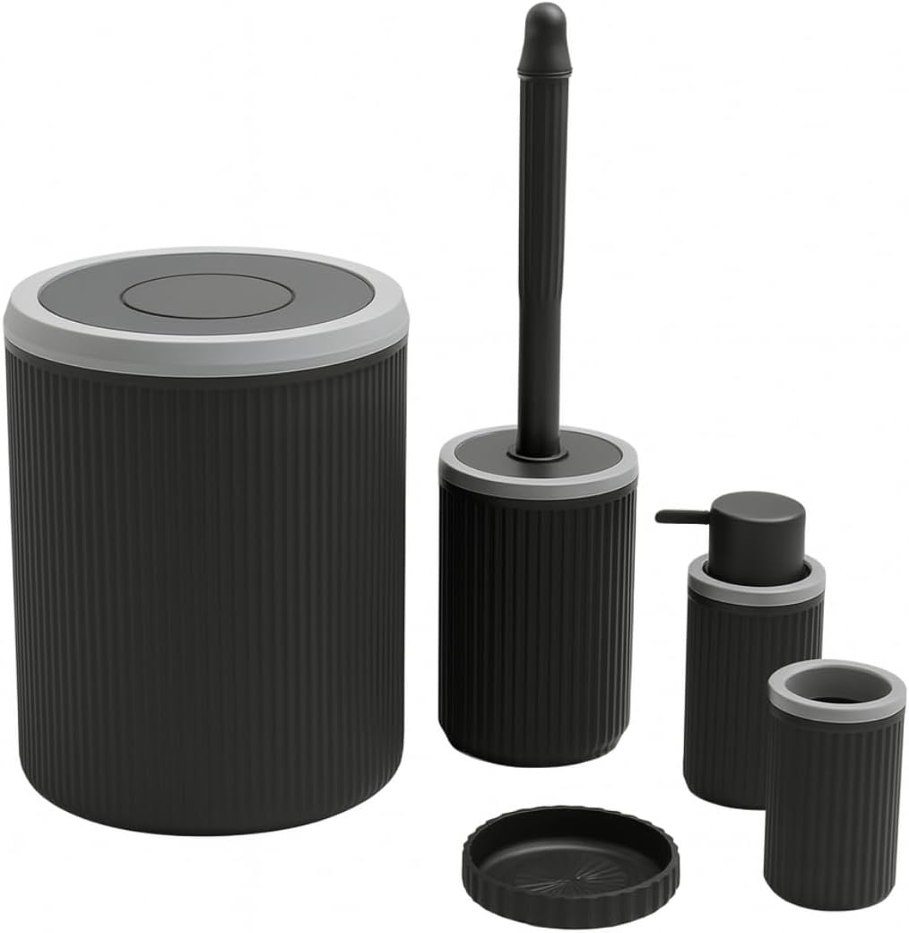 5’li Banyo Seti –, Modern Şık Tasarımlı Çöp Kovası, Tuvalet Fırçası, Sıvı Sabunluk, Diş Fırçalık ve Sabunluk Takımı | Dayanıklı Plastik, Lüks Görünüm, Kaymaz ve Suya Dayanıklı Set