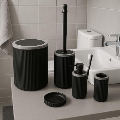 Alternative view of 5’li Banyo Seti –, Modern Şık Tasarımlı Çöp Kovası, Tuvalet Fırçası, Sıvı Sabunluk, Diş Fırçalık ve Sabunluk Takımı | Dayanıklı Plastik, Lüks Görünüm, Kaymaz ve Suya Dayanıklı Set