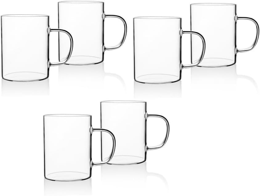 Borosilikat Cam 6'lı Kupa Seti, Ergonomik Saplı, Düz Tabanlı, Pürüzsüz Kenarlı, İnce Tasarımlı, İçecekler İçin, 200ml