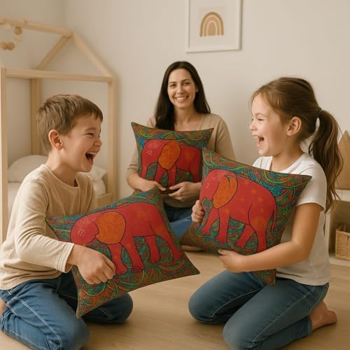 Fil Desenli Dekoratif Kırlent Kılıfı 45x45 cm – 4’lü Set | Dijital Baskı, Yumuşak Mikrofiber Kumaş, Gizli Fermuarlı | Renkli Etnik Yastık Kılıfı Ev Dekoru İçin