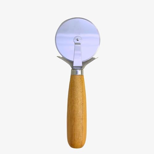 Ahşap Saplı Pizza Kesici, 19x7 cm Paslanmaz Çelik Döner Bıçak, Ergonomik Tasarım, Pizza ve Hamur İşleri İçin