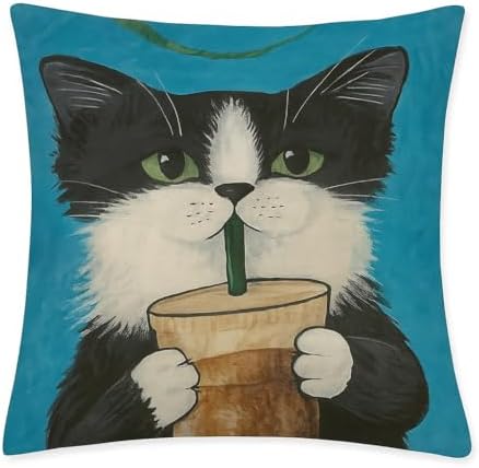 4’lü Dekoratif Yastık Kılıfı Seti - Sevimli Siyah Beyaz Kedi Deseni, Yumuşak Kare Kırlent Kılıfları, Ev ve Ofis Dekoru, Fermuarlı, 45x45 cm Kedi Temalı Hediye Seti