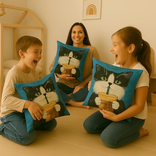 Alternative view of 4’lü Dekoratif Yastık Kılıfı Seti - Sevimli Siyah Beyaz Kedi Deseni, Yumuşak Kare Kırlent Kılıfları, Ev ve Ofis Dekoru, Fermuarlı, 45x45 cm Kedi Temalı Hediye Seti