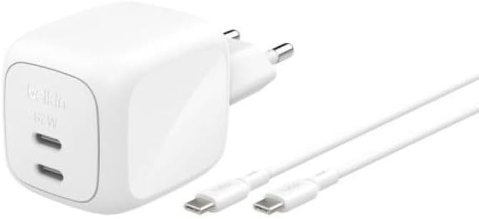 SmartProtect 2 Portlu USB-C Şarj Cihazı 67 W, çift portlu GaN şarj cihazı, 2 m USB-C kablo dahildir, MacBook, 17, iPad Pro, Chromebook, Galaxy S25 Ultra, 10 için hızlı şarj, Beyaz