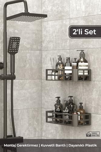 Alternative view of 2'li Banyo Rafı Seti,, Yapışkanlı Montaj, Dayanıklı Plastik, Şampuanlık ve Sabunluk, Duş Organizatörü