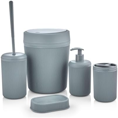 5 Parça Lüx Plastik Banyo Seti - Çöp Kovalı, Antibakteriyel Fırça, Normal ve Sıvı sabunluk, diş Fırçalıklı - Antresit