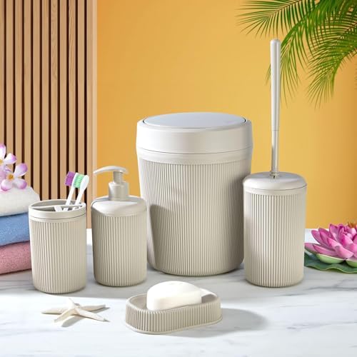 Alternative view of 5 Parça Lüx Plastik Banyo Seti - Çöp Kovalı, Diş Fırçalıklı, Sıvı ve Katı Sabunluk Antibakteriyel Fırça - Bej