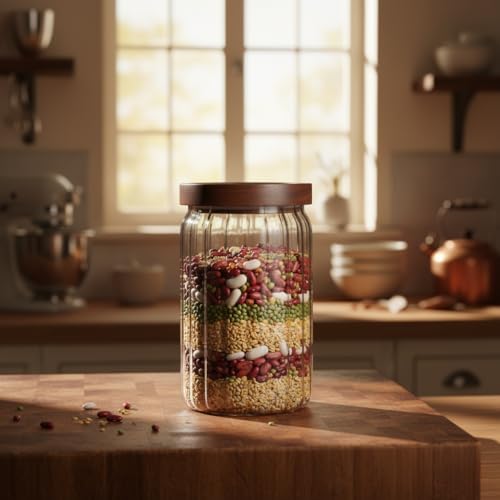 Akasya Kapaklı Çizgili Cam Kavanoz (750 ml) | Hava Geçirmez, Modern Fitilli Tasarım Gıda Saklama Kabı | Bakliyat, Kahve, Çay ve Kuruyemiş Kavanozu (9x15 cm)