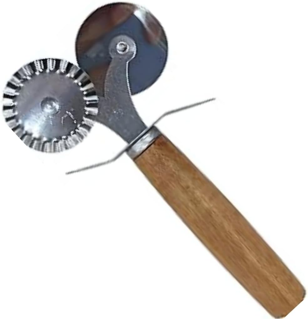 Alternative view of Çift Taraflı Paslanmaz Çelik Hamur ve Pizza Kesici, Tırtıklı ve Düz Bıçaklı, Ergonomik Ahşap Saplı, Ravioli, Mantı, Kurabiye ve Pizza Kesme Aleti