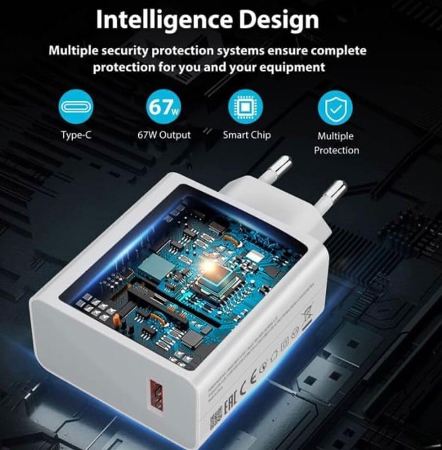 Alternative view of 67W Type-C Şarj Adaptörü ve Kablo Seti, Saniye Gösterir Turbo Hızlı Şarj Göstergeli,İphone İle Uyumlu Duvar Tipi Adaptör