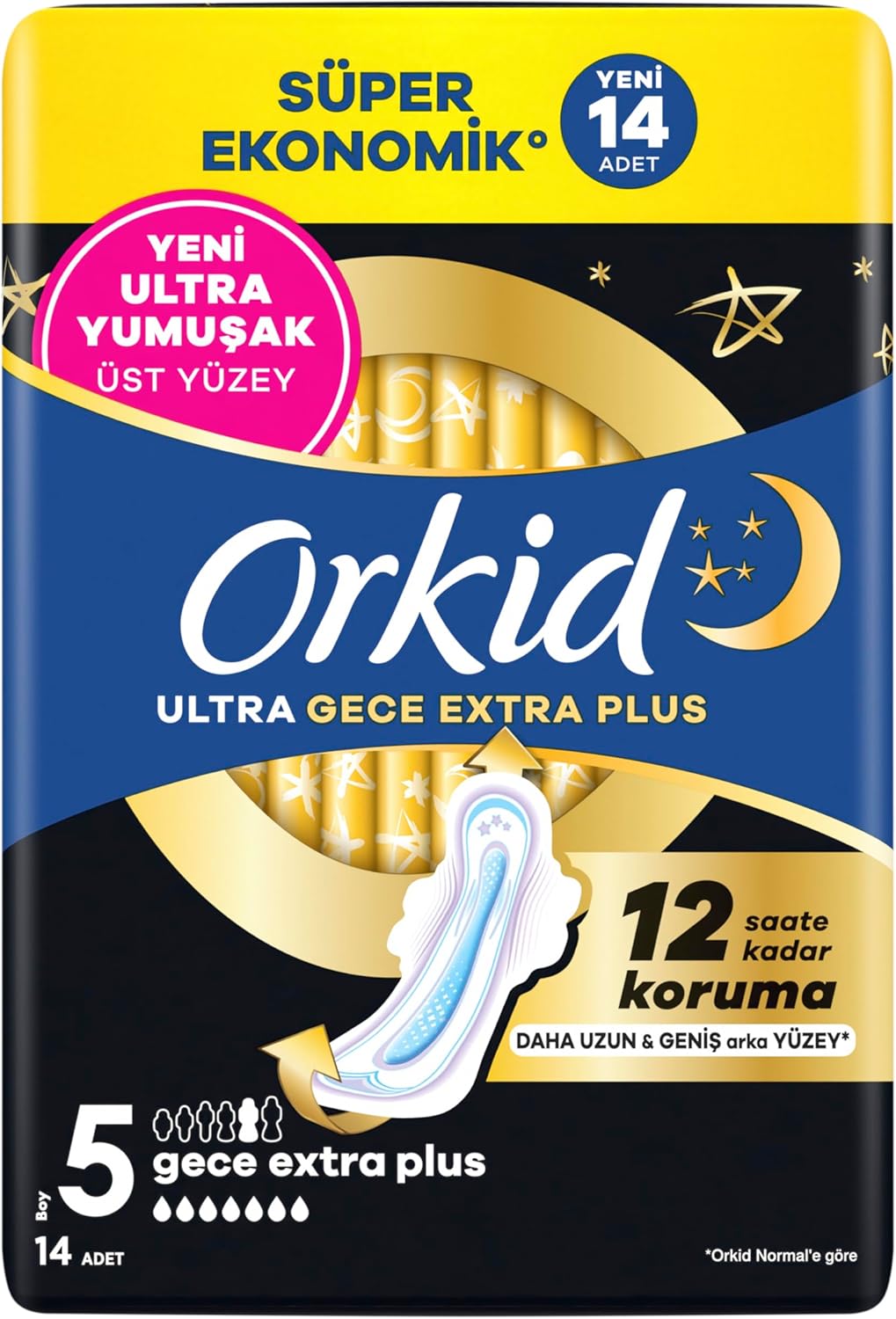 Orkid Ultra Hijyenik Ped Gece Ekstra Plus (Boy 5) Süper Ekonomik Paket 14 Adet Ped