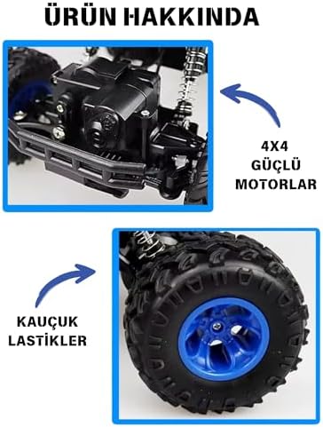 Giffy / 1:16 Ölçek 4x4 Uzaktan Kumandalı Rock Crawler Off Road Aracı 4 Çeker Şarjlı 20 Dk Kullanım Kırmızı Ve Mavi Oyuncak Off Road Araba (Mavi)