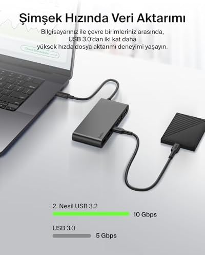 Connect 8 Portlu USB-C Hub, 4K@60Hz’e kadar çözünürlükleri destekleyen ekran uyumu, Mac, Windows ve Chromebook ile çalışır, 100 W PD, 10 Gbps veri aktarım hızı ve 2,5 Gbps Ethernet - Gri