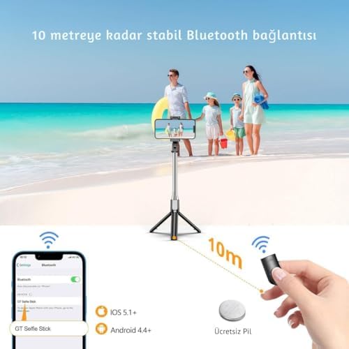 ® Bluetooth Uzaktan Kumandalı Selfie Çubuğu – Paslanmaz Çelik Gövde, 70 cm Uzayabilir, iOS & Uyumlu, Kablosuz Uzaktan Deklanşörlü Telefon Tripodu