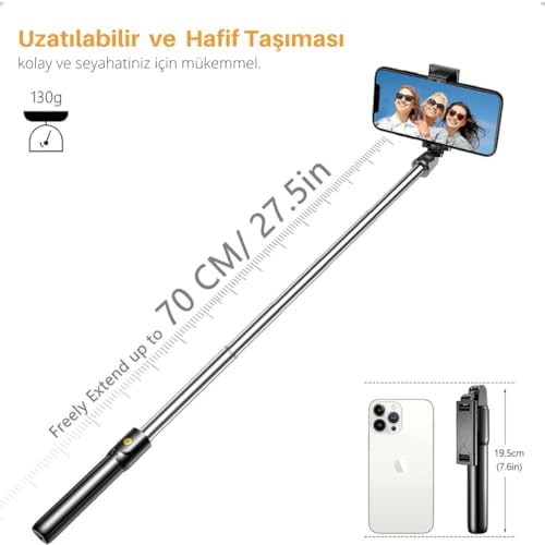 Alternative view of ® Bluetooth Uzaktan Kumandalı Selfie Çubuğu – Paslanmaz Çelik Gövde, 70 cm Uzayabilir, iOS & Uyumlu, Kablosuz Uzaktan Deklanşörlü Telefon Tripodu