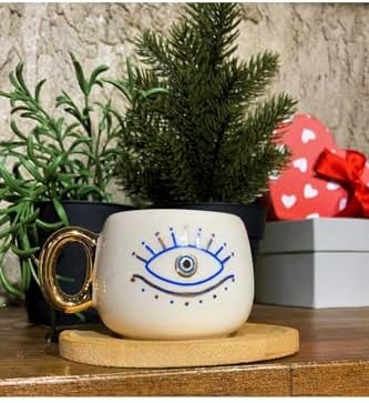 Wonders 24 Ayar Altın Işlemeli, Nazar Göz Figürlü, El Yapımı, Türk Kahvesi Fincanı 90 ml