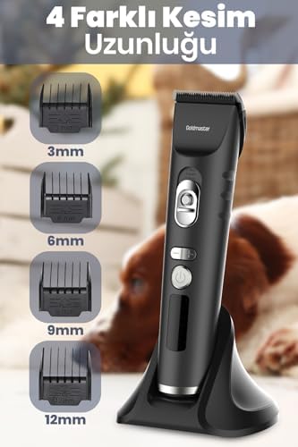 Animalpro Şarj Standlı LED Ekranlı Kedi Köpek Tıraş Makinesi, 11'i 1 Arada, Kablosuz/Kablolu, 3 Hız Seçeneği, LCD Gösterge, 4 Tarak (3-12mm)