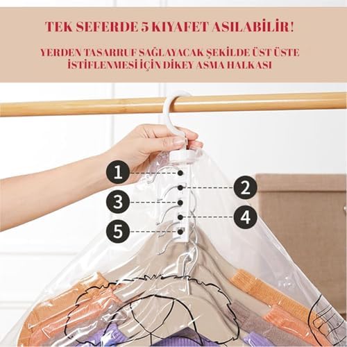 Co. 5 Askılı Vakumlu Saklama Poşetleri, Yerden Tasarruf, Giysiler, Takım Elbiseler, Montlar veya Ceketler İçin, Şeffaf ve Yeniden Kullanılabilir Dolap Düzenleyici Uzun 70x140 cm (X-Large)