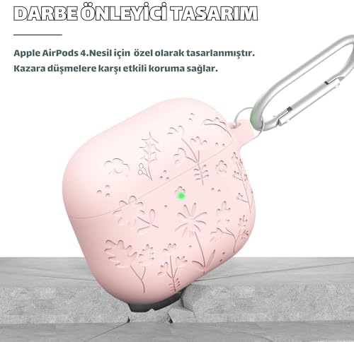 AirPods 4. Nesil Uyumlu Çiçek İşlemeli Premium Silikon Kulaklık Kılıfı ve 3'ü 1 Arada Bluetooth Kulaklık Temizleme Kalemi Seti (Pembe)