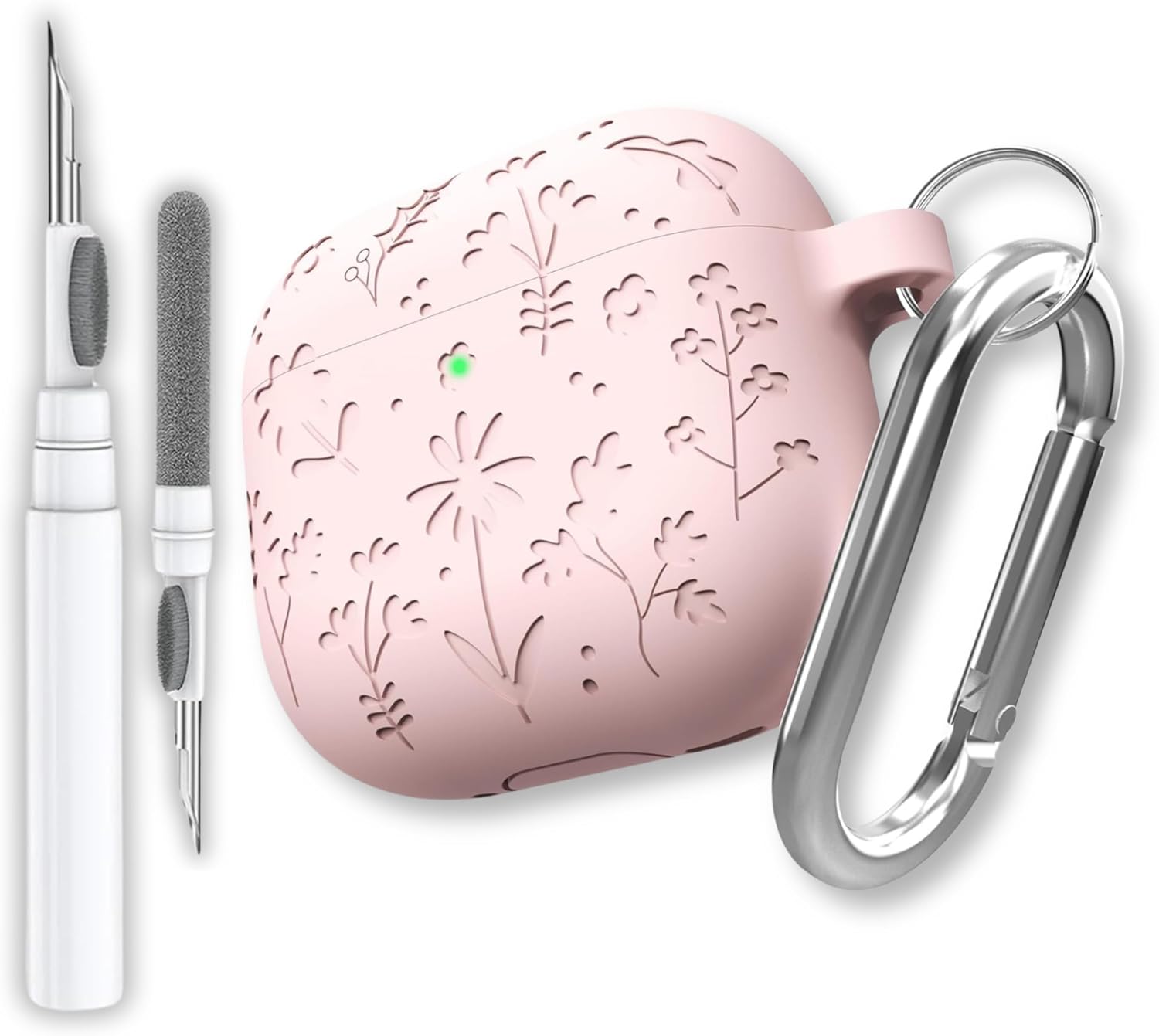 Alternative view of AirPods 4. Nesil Uyumlu Çiçek İşlemeli Premium Silikon Kulaklık Kılıfı ve 3'ü 1 Arada Bluetooth Kulaklık Temizleme Kalemi Seti (Pembe)