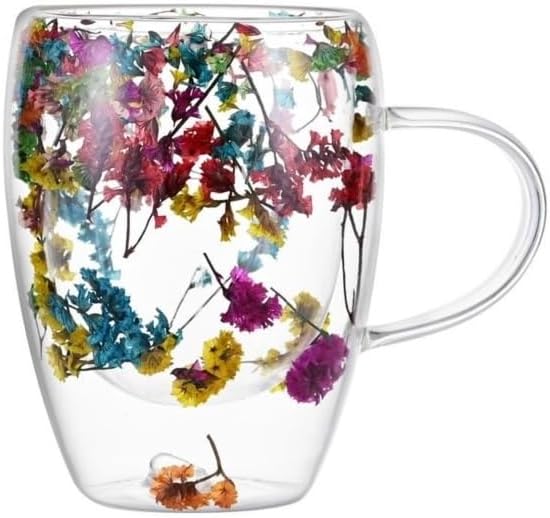 Alternative view of Çift Cidarlı Borosilikat Cam, Renkli Kuru Çiçek Tasarımlı, 350 ML Kapasiteli, Kulplu, Şeffaf Kahve Kupası