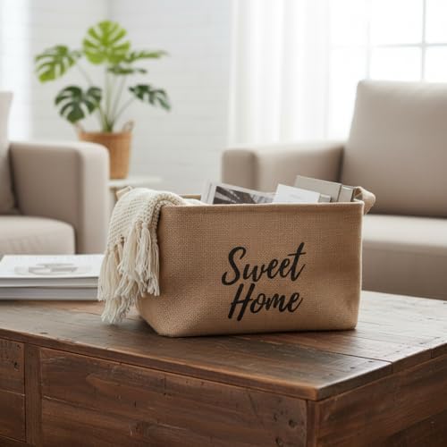 " " Dikdörtgen Jüt Düzenleyici Sepet (24x17x14 cm) – Krem Renk Katlanabilir Kumaş Kulplu Organizer | Ev, Mutfak, Banyo, Çocuk Odası ve Ofis İçin Çok Amaçlı Saklama Kutusu