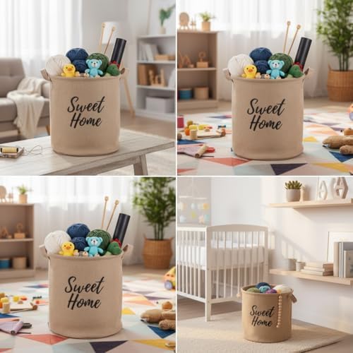 " " Yuvarlak Jüt Düzenleyici Sepet (Çap 32cm, Yükseklik 36cm) – Krem Renk Katlanabilir Kumaş Kulplu Organizer | Büyük Boy Oyuncak, Çamaşır, Battaniye ve Ev Tekstili Sepeti