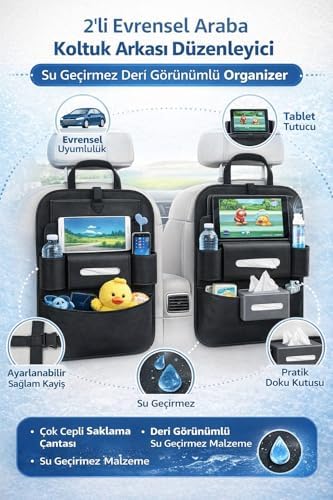 2'li Araba Koltuk Arkası Düzenleyici – Su Geçirmez Deri Görünümlü Organizer, Çok Cepli Saklama Çantası, Tablet, Şişe, Doku Kutusu ve Oyuncak Tutucu, Evrensel Araç İçin