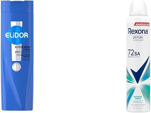 Elidor Şampuan ve Saç Bakım Kremi Kepeğe Karşı Etkili 400 ml + Rexona Kadın Sprey Deodorant Shower Fresh 72 Saat Kesintisiz Üstün Koruma 200 ml